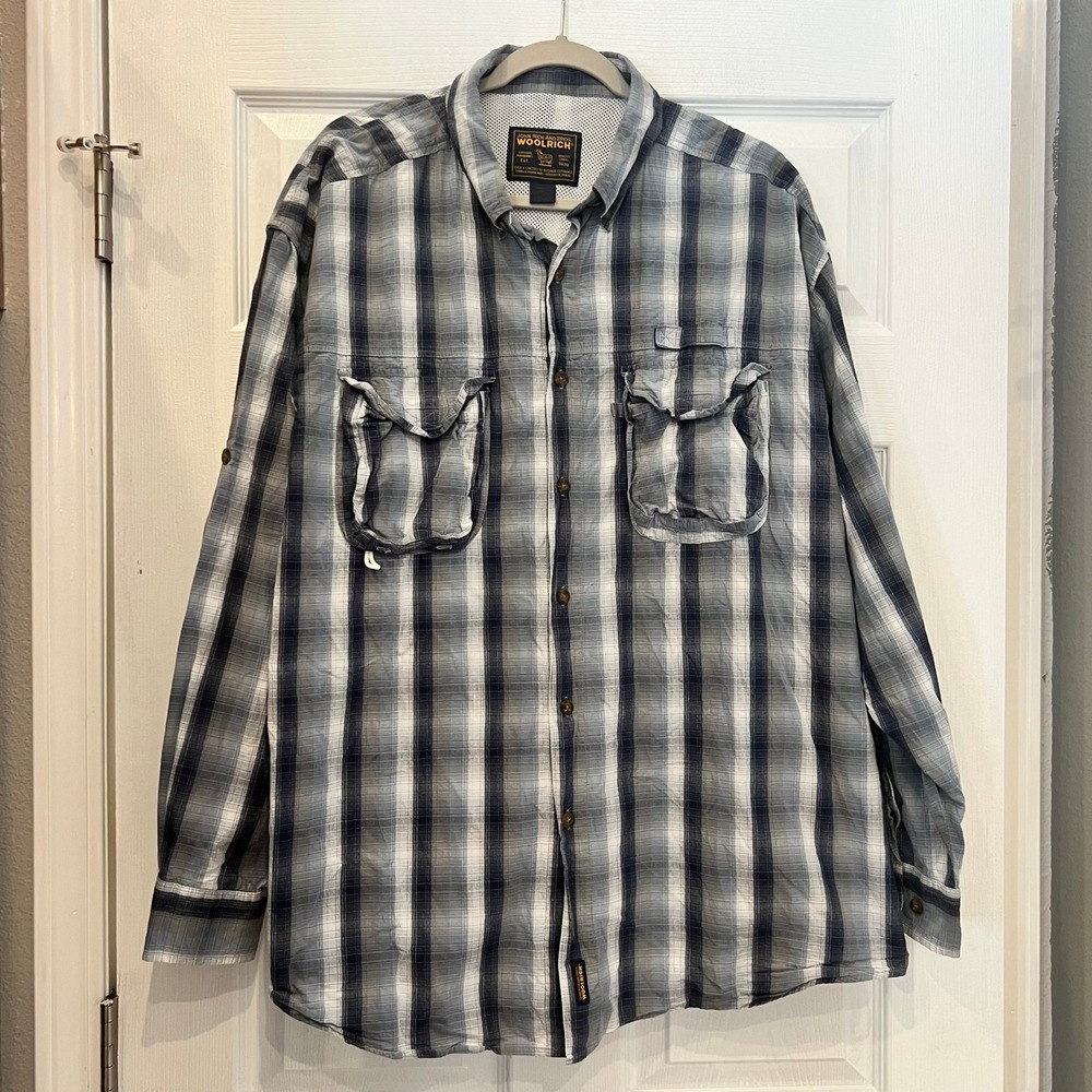 Woolrich Button Down Shirt Synthetic Plaid Blue White Gorpcore Outdoor Mens 2XL